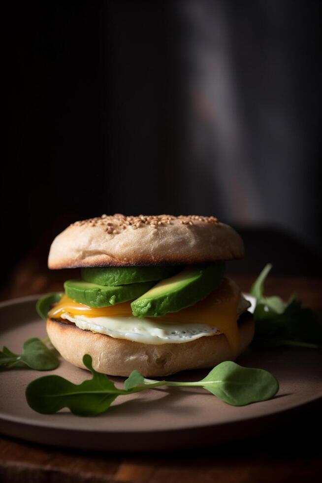 Avocado, Spinach and Fried Egg Sandwich on a Fresh Brioche Bun photo