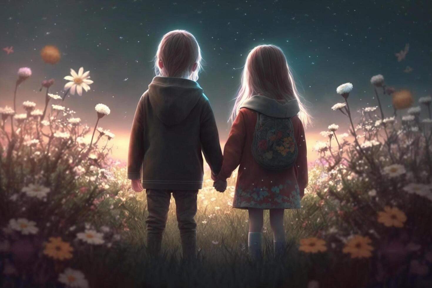 Illustration of a little boy and girl in a fantasy world holding hands from behind photo