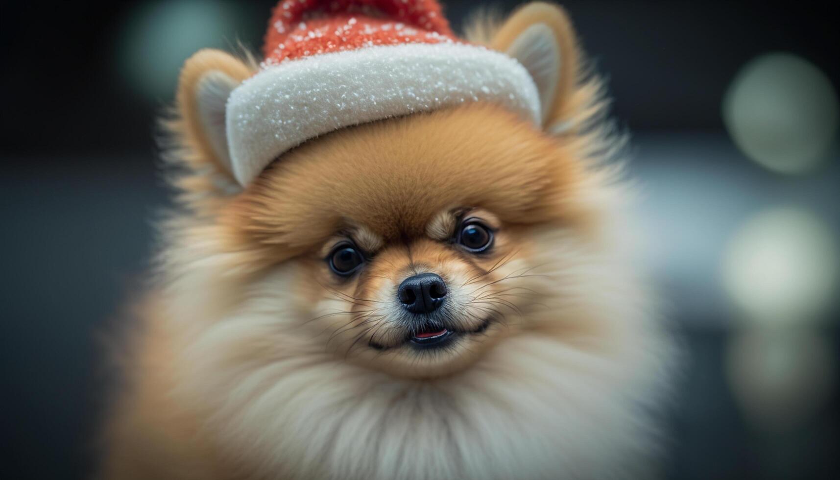 Festive Pomeranian pup donning a red and white Santa hat photo