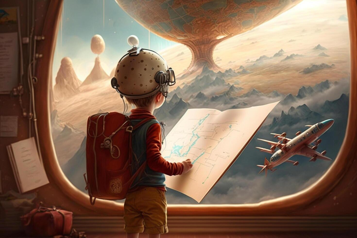 A boy with a hat and luggage as a pilot in a fairytale adventure photo