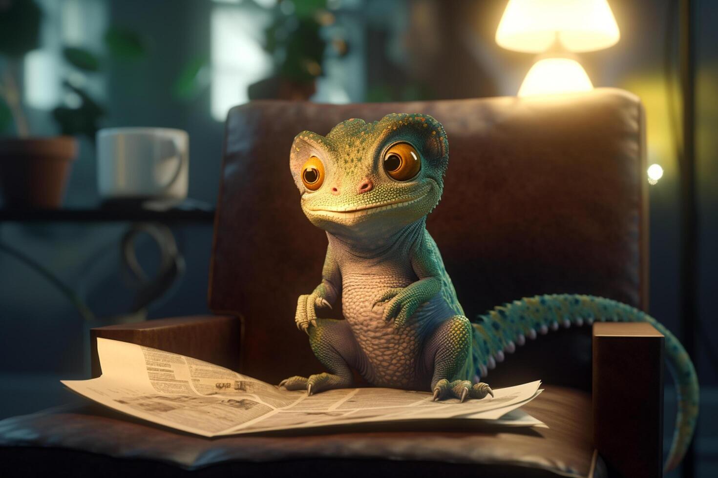 The Sophisticated Chameleon Reading the News in a Leather Armchair photo