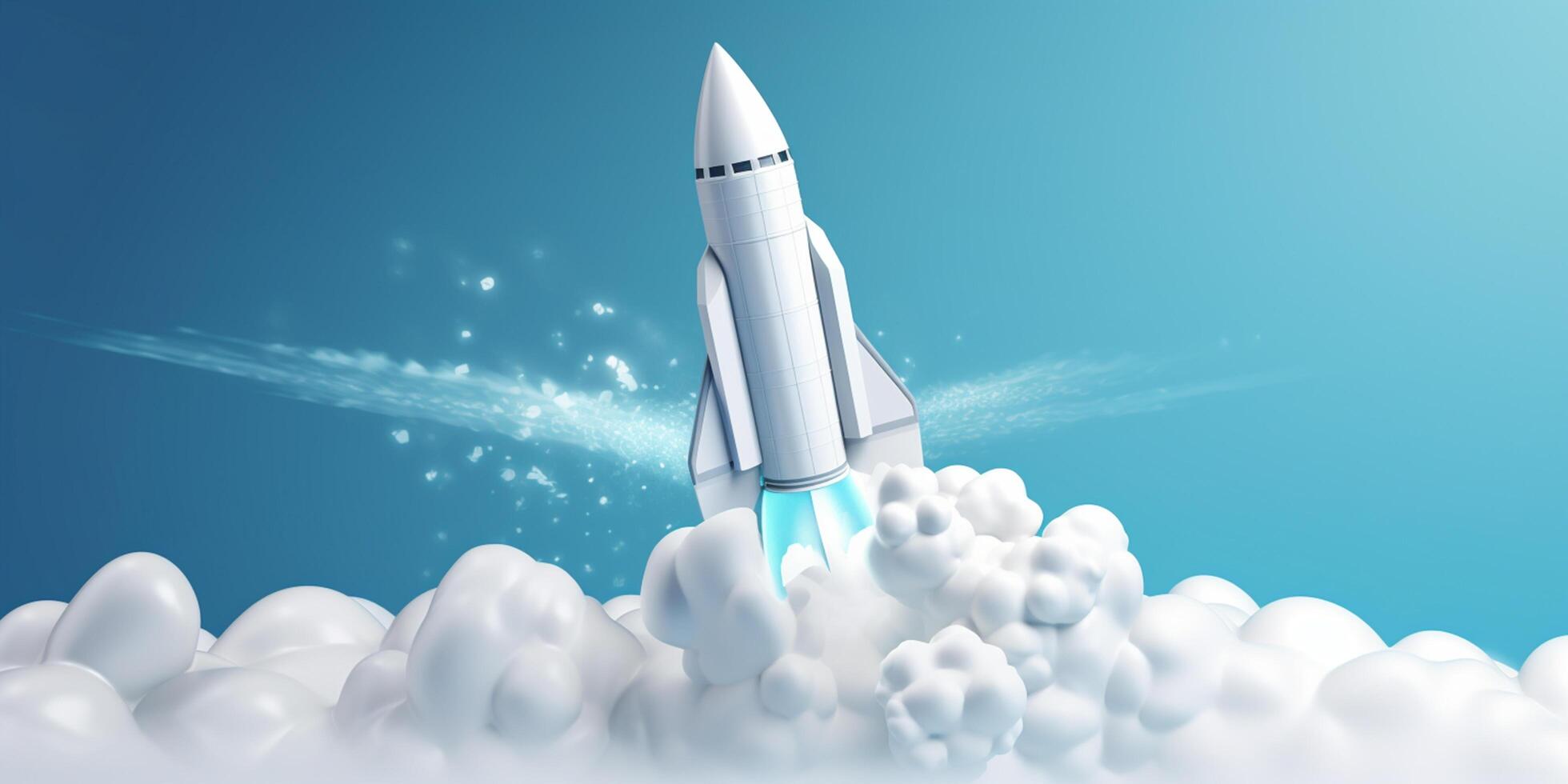 White Rocket Model Flying Through Cloudy Blue Skies as a Symbol of Startup Success and Innovation photo