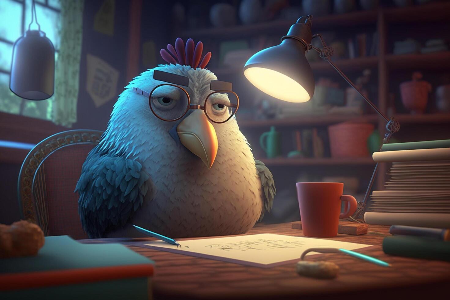 Bored rooster in glasses sits at a desk in front of his papers photo