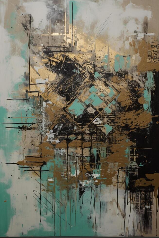 Industrial Elegance A Captivating Fusion of Collage and Paint in Large Canvas Paintings, Adorned with Turquoise and Sepia Tones photo