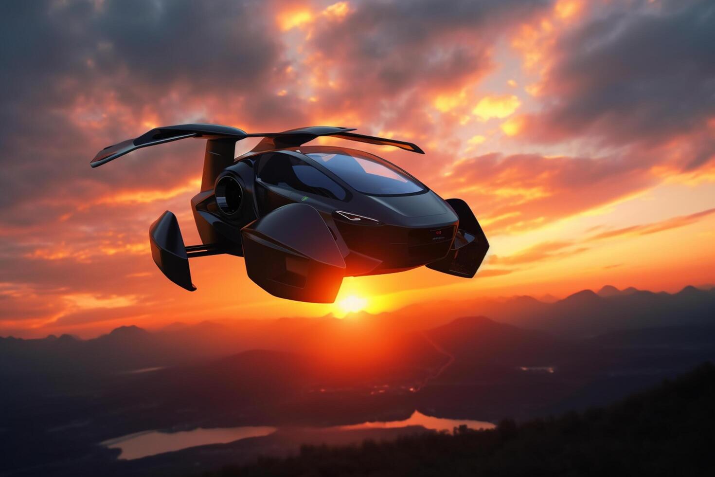 Flying Car Futuristic AI-Powered Vehicle Soaring at Sunset photo