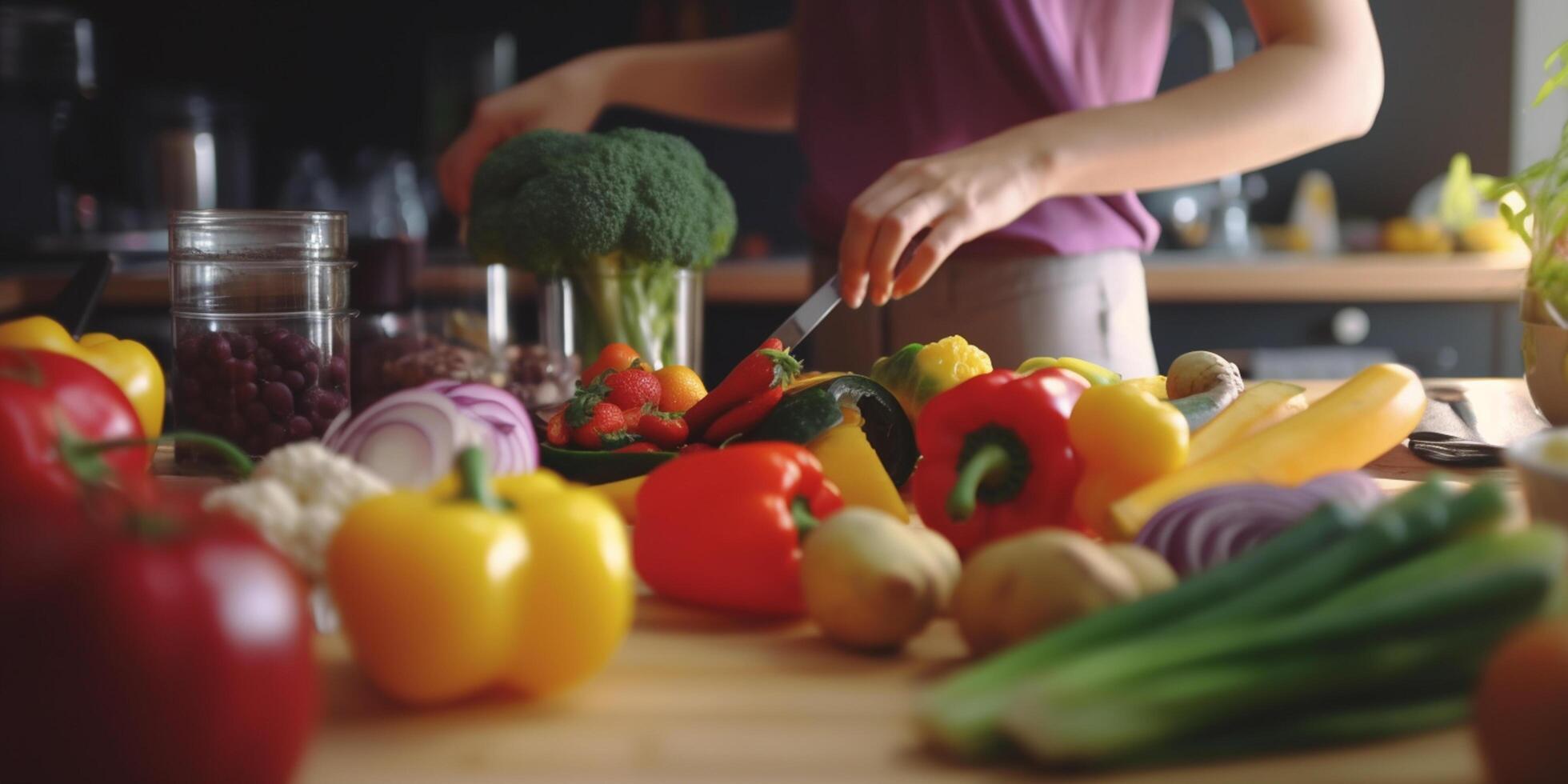 Bright Kitchen with Wooden Countertop, Abundant Fruits and Vegetables, and Blurry Chef in the Background photo