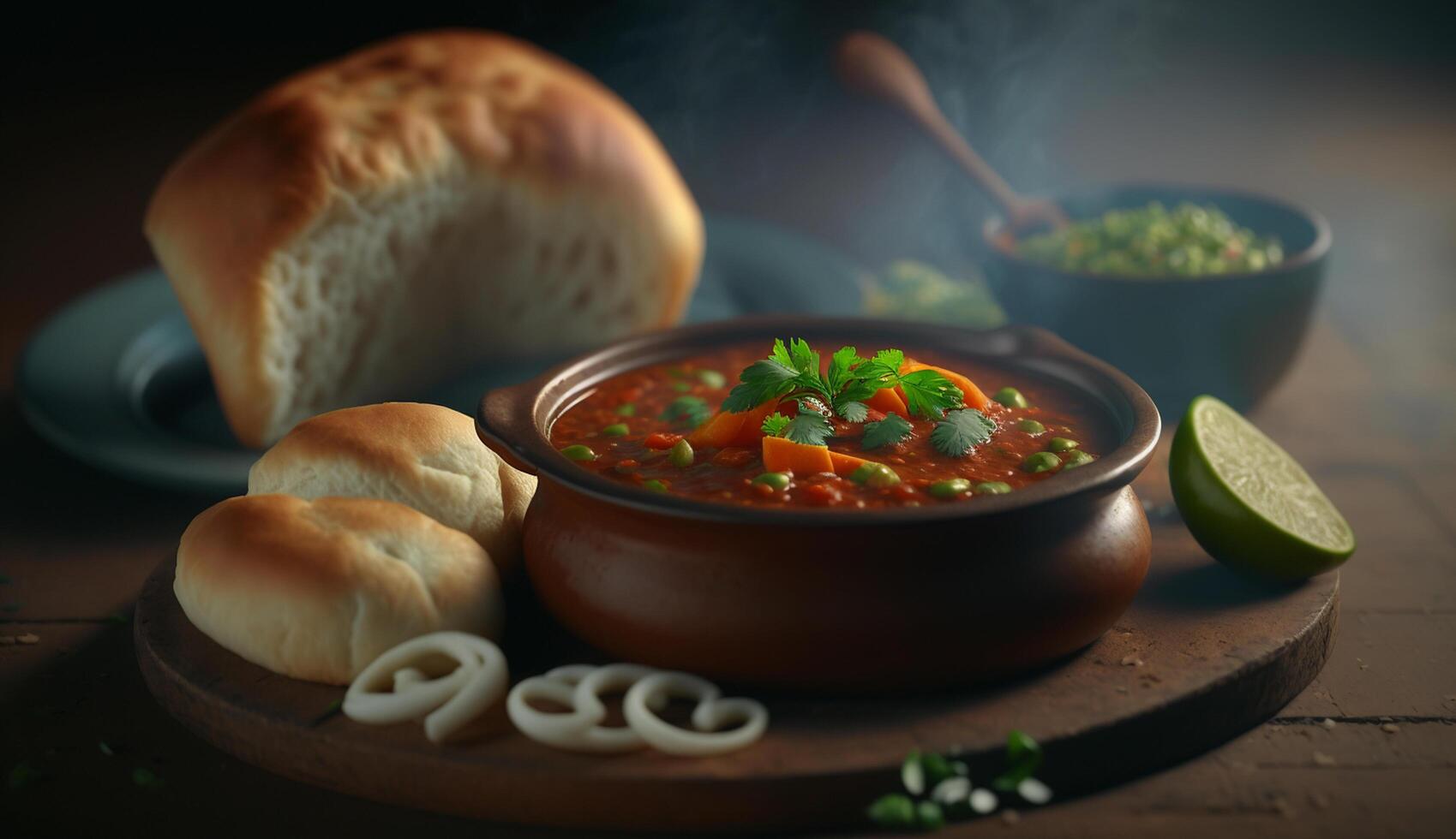 Steaming Pav Bahji, Indian Dish, on a Dark Background photo