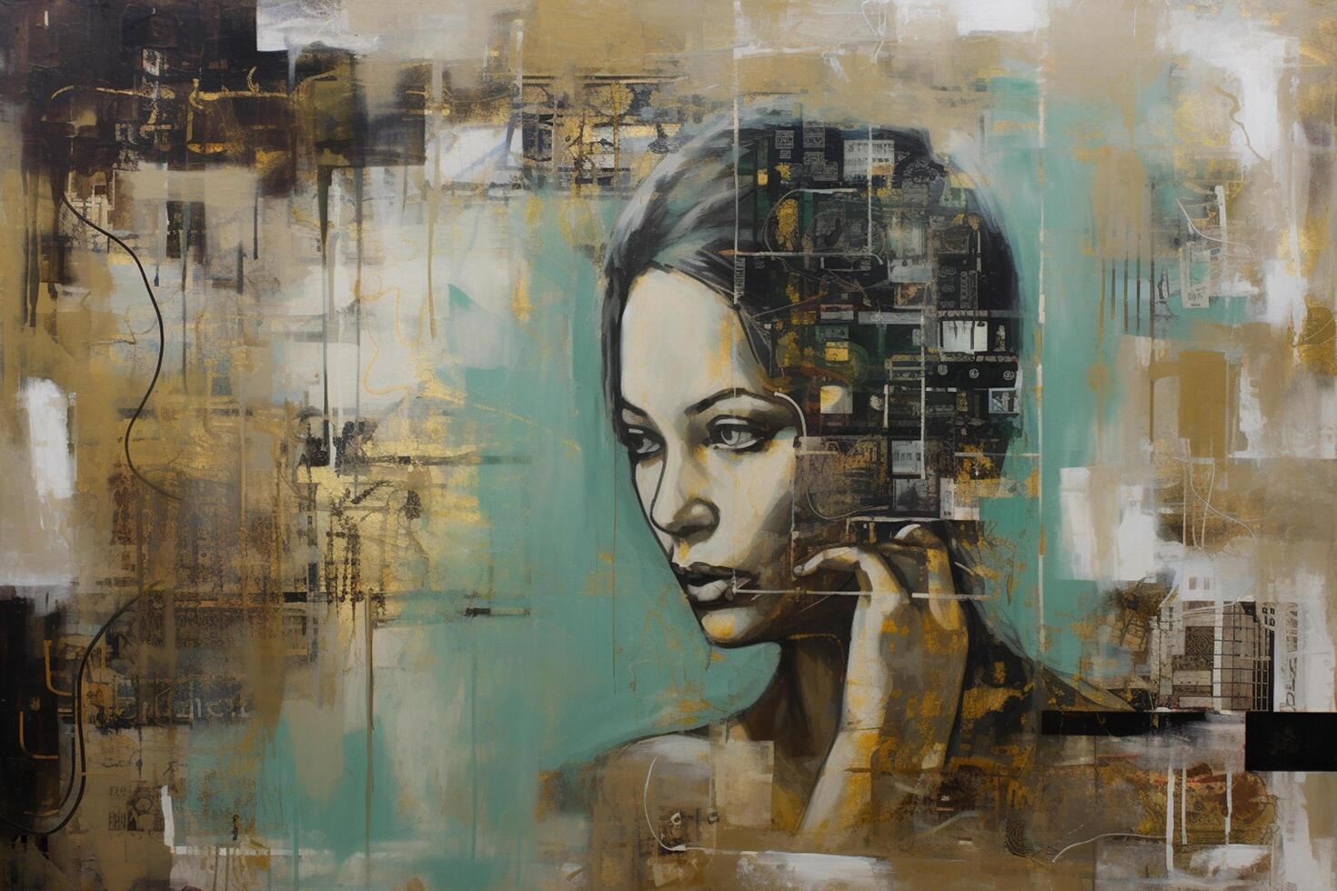 Industrial Elegance A Captivating Fusion of Collage and Paint in Large Canvas Paintings, Adorned with Turquoise and Sepia Tones photo