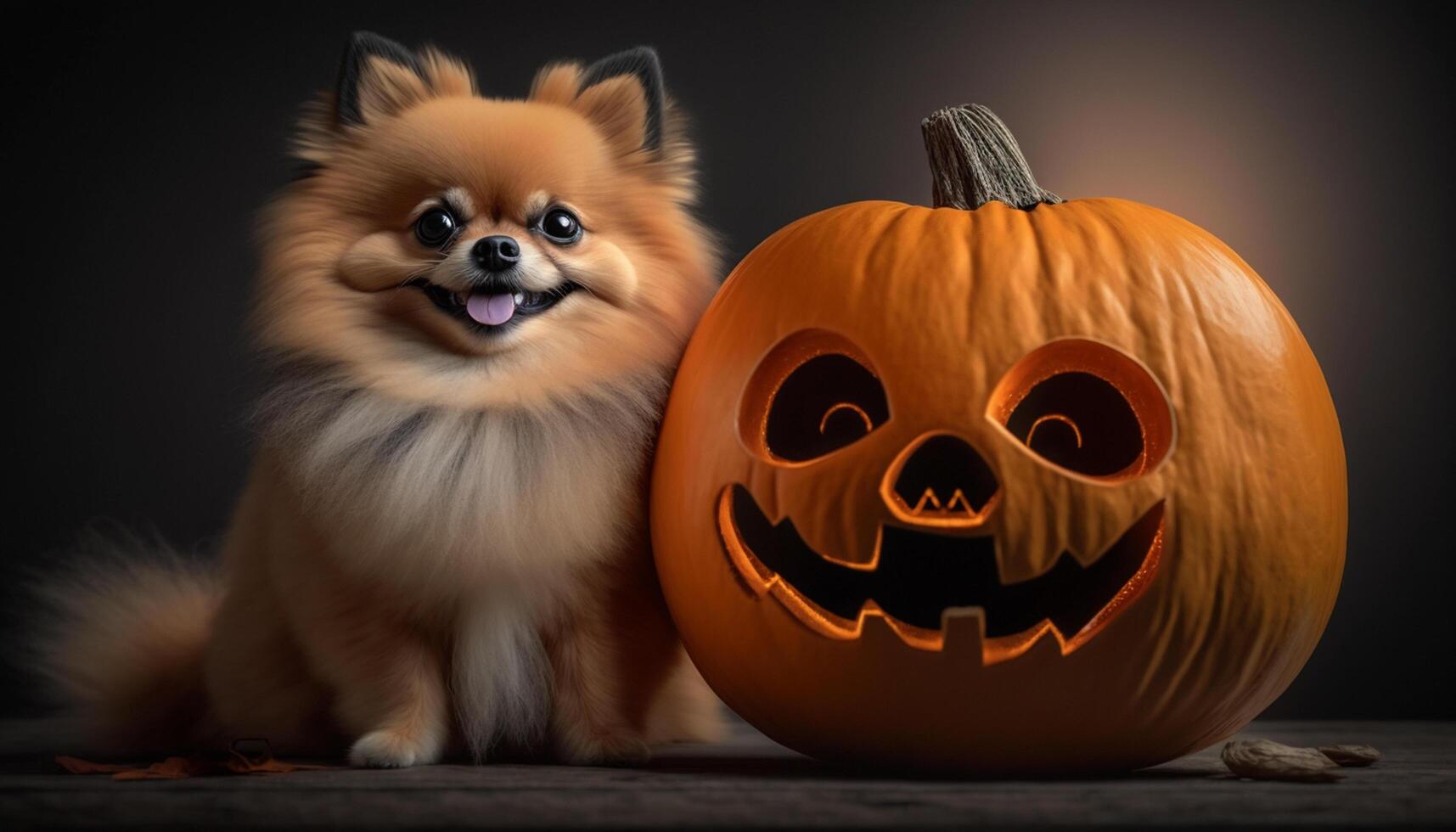 Adorable Pomeranian dog posing with a Halloween pumpkin photo