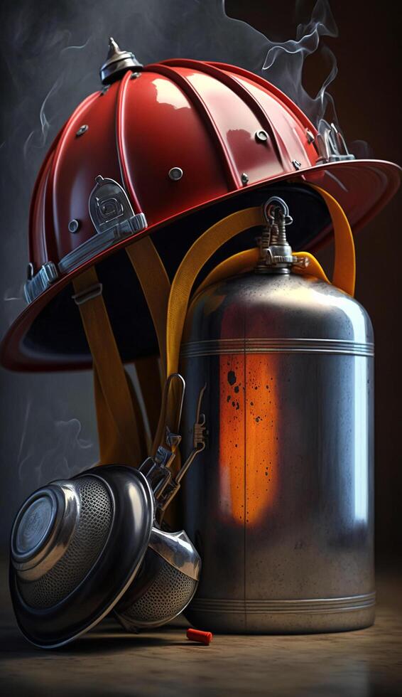 Fire Extinguisher and Firefighter Helmet with Flames in Background - Essential Safety Gear in Action photo