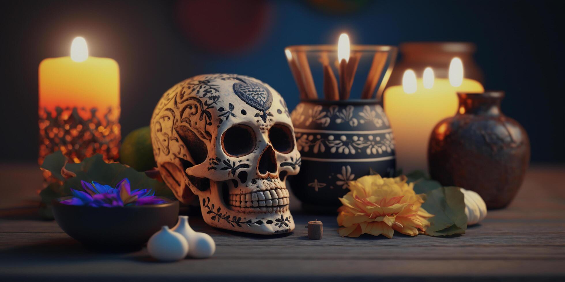 Vibrant Colorful Still Life of Decorated Skulls with Pumpkins, Candles and Traditional Mexican Decor Celebrating Day of the Dead - Dia de Muertos photo