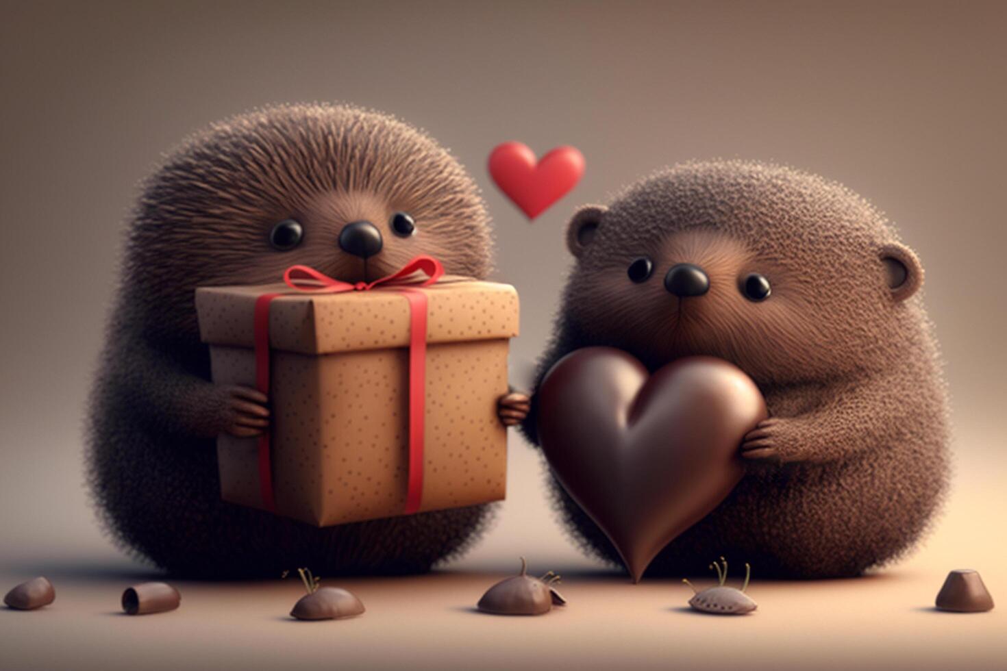 Illustration two funny moles with hearts and gifts Valentine's Day Wedding Anniversary Mother's Day content photo