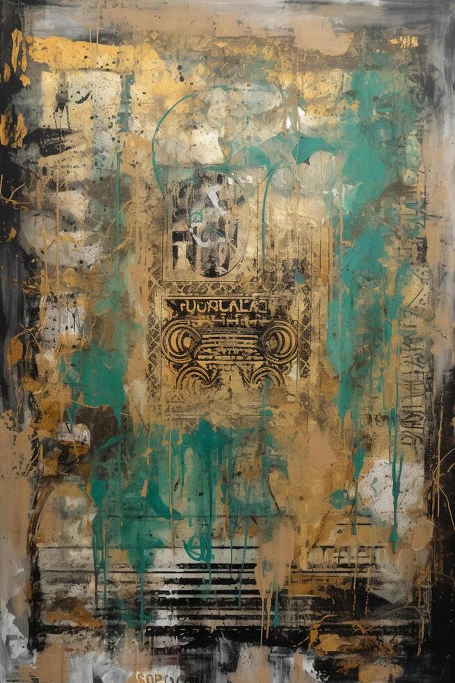 Industrial Elegance A Captivating Fusion of Collage and Paint in Large Canvas Paintings, Adorned with Turquoise and Sepia Tones photo