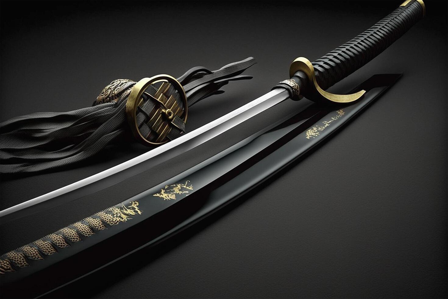 Exquisito de cerca de un noble katana espada en un oscuro antecedentes ai generado foto