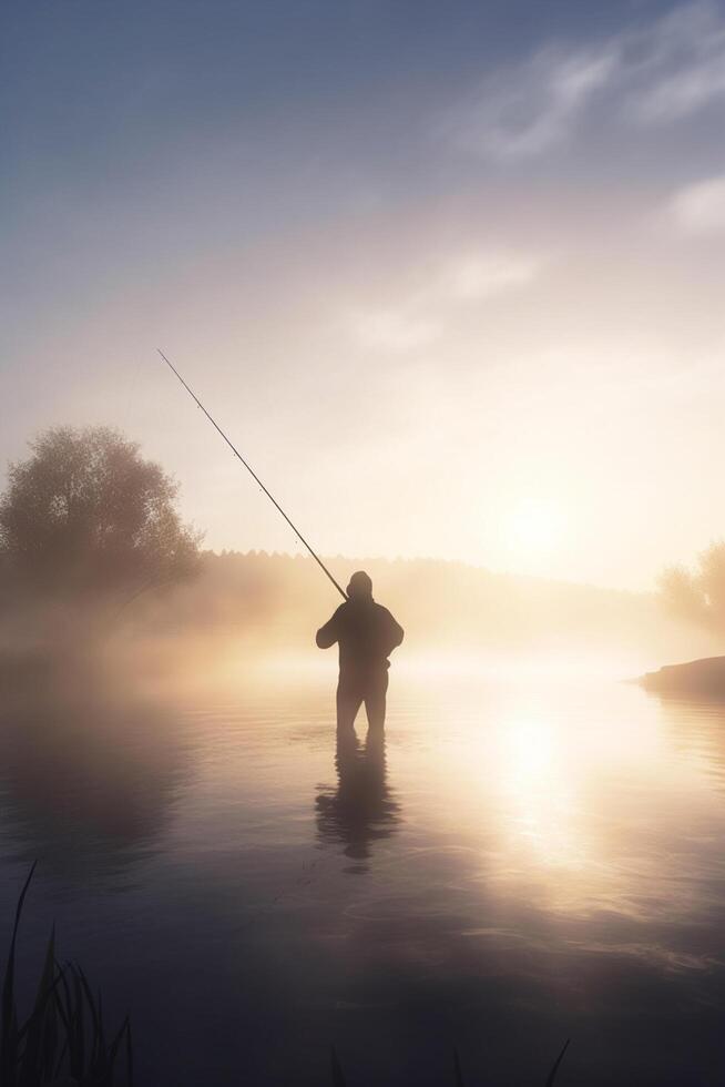 Fishing at Dawn Angler in the misty lake with fishing rod photo