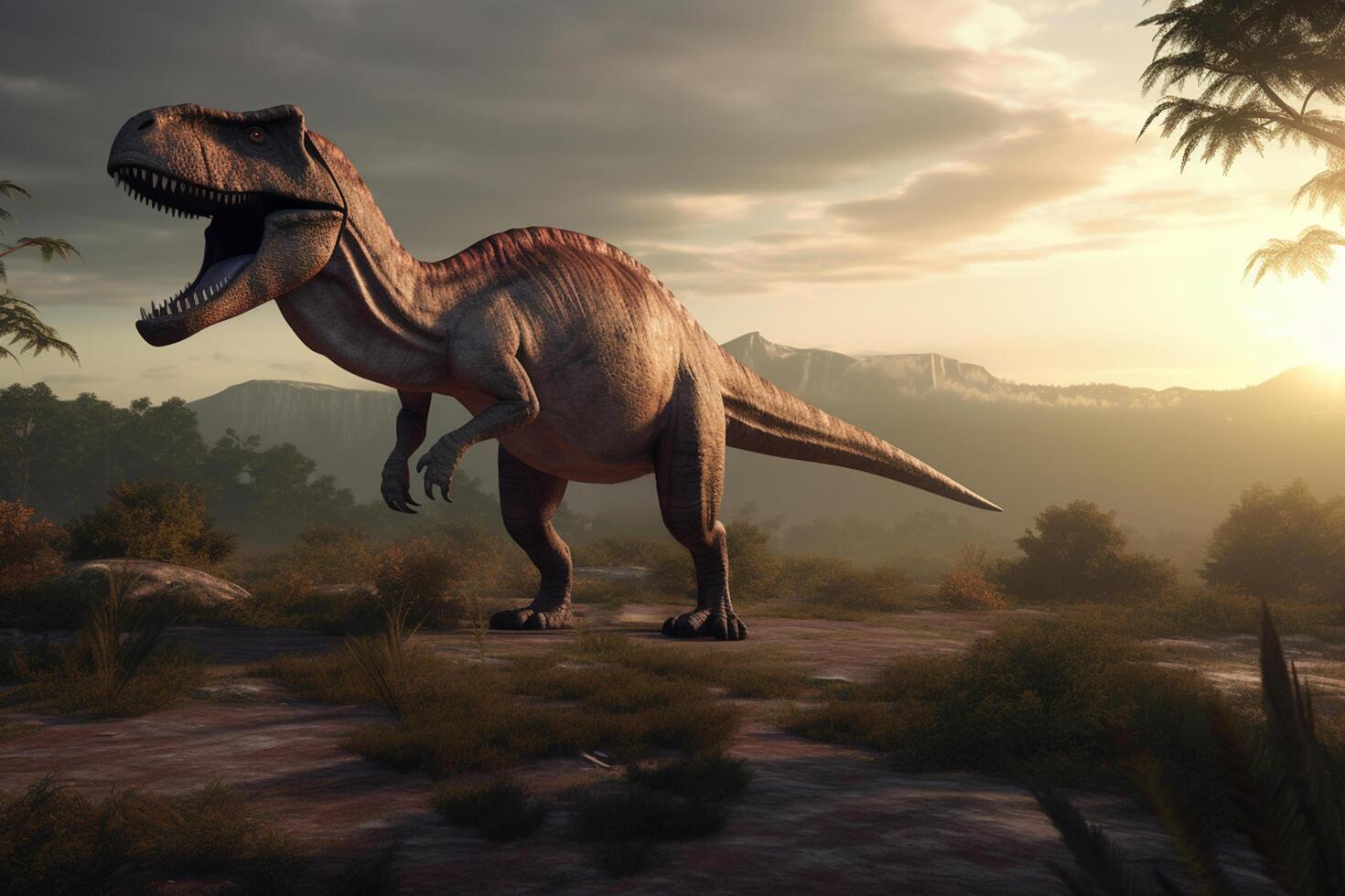 Rey de el prehistórico reino realista ilustración de tiranosaurio rex en sus antiguo habitat ai generado foto