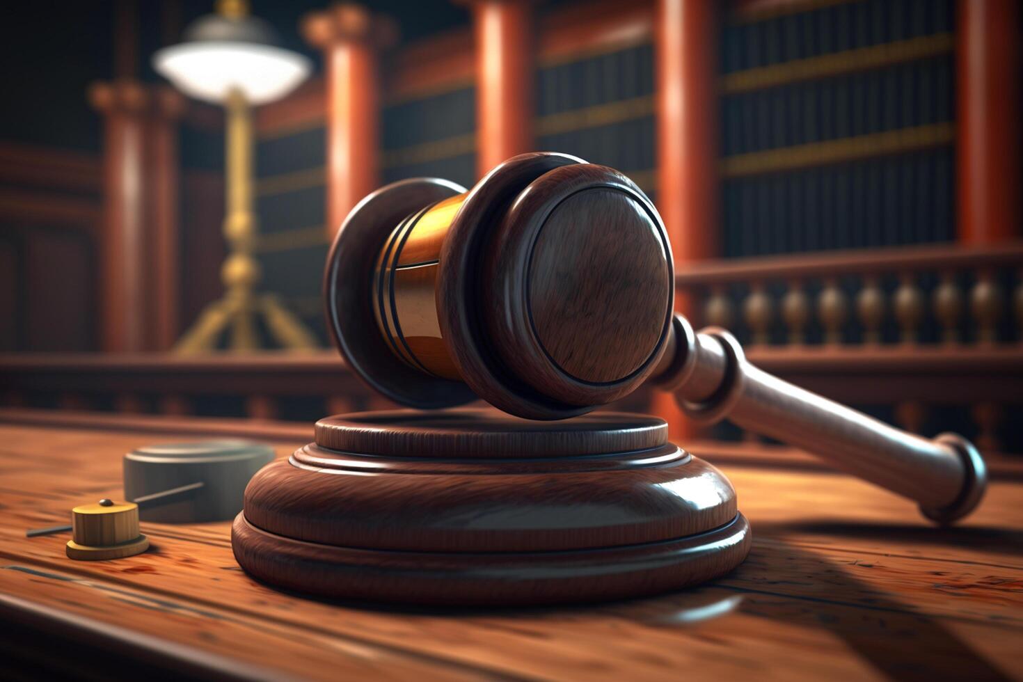 Justice Served Gavel on Wooden Desk in Courtroom photo