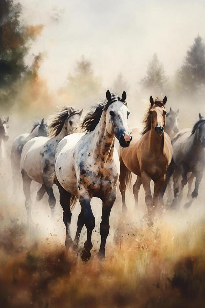 pasto caballos en un en tonos sepia prado un acuarela pintura ai generado foto