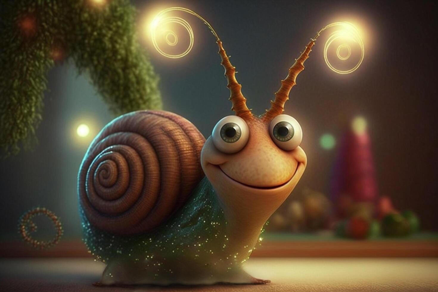 A funny happy snail for Christmas with Christmas decorations photo