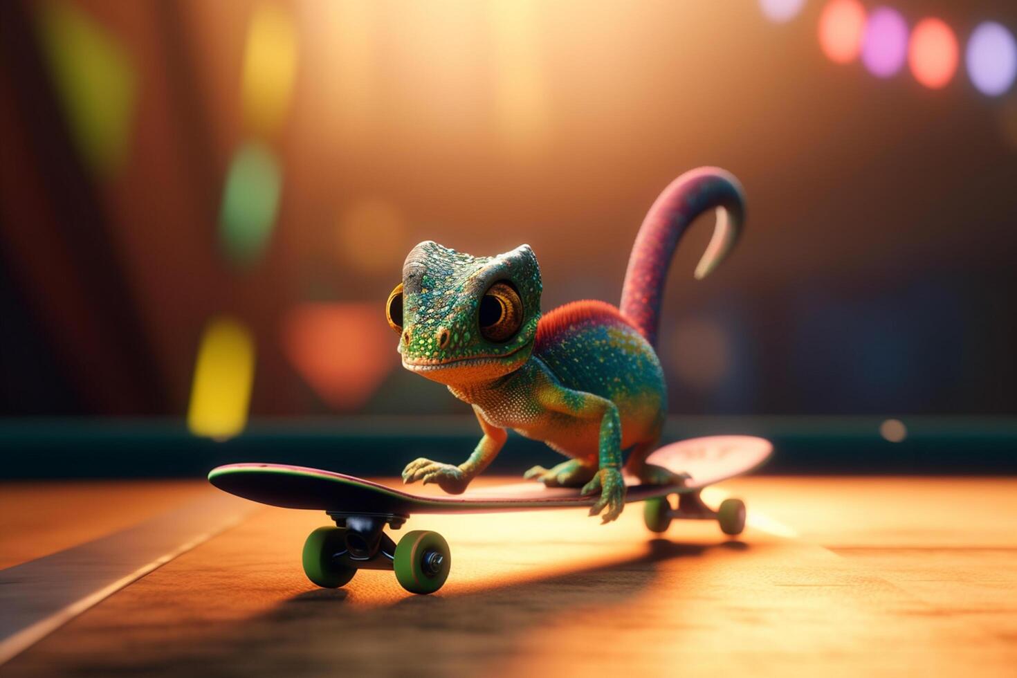 Skating through the city A cool photorealistic cartoon chameleon on a skateboard photo