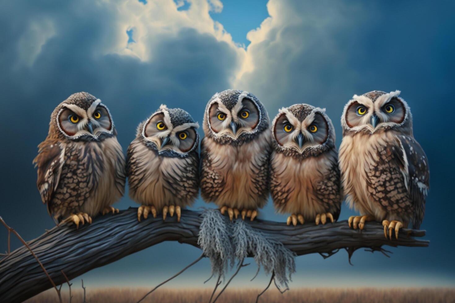 5 funny owls are sitting on a branch photo
