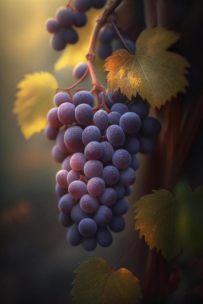 delicioso rojo uvas en un vino en el luz de sol ai generado foto