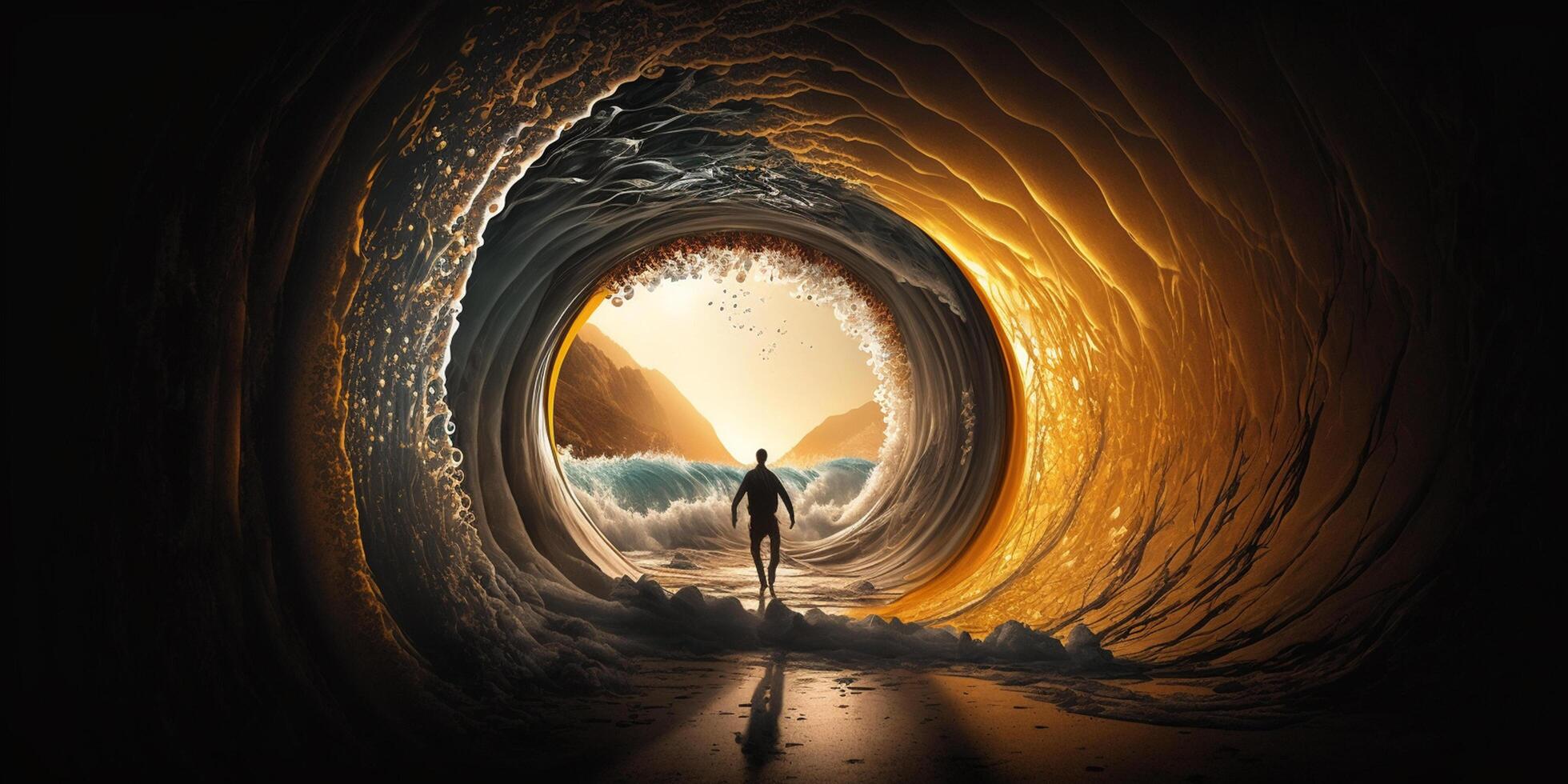 Illustration Looking through a dramatic ocean wave at sunset content photo