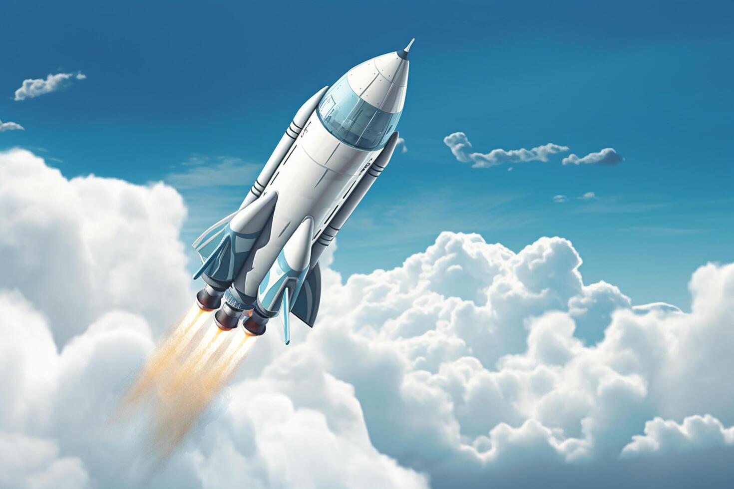 White Rocket Model Flying Through Cloudy Blue Skies as a Symbol of Startup Success and Innovation photo