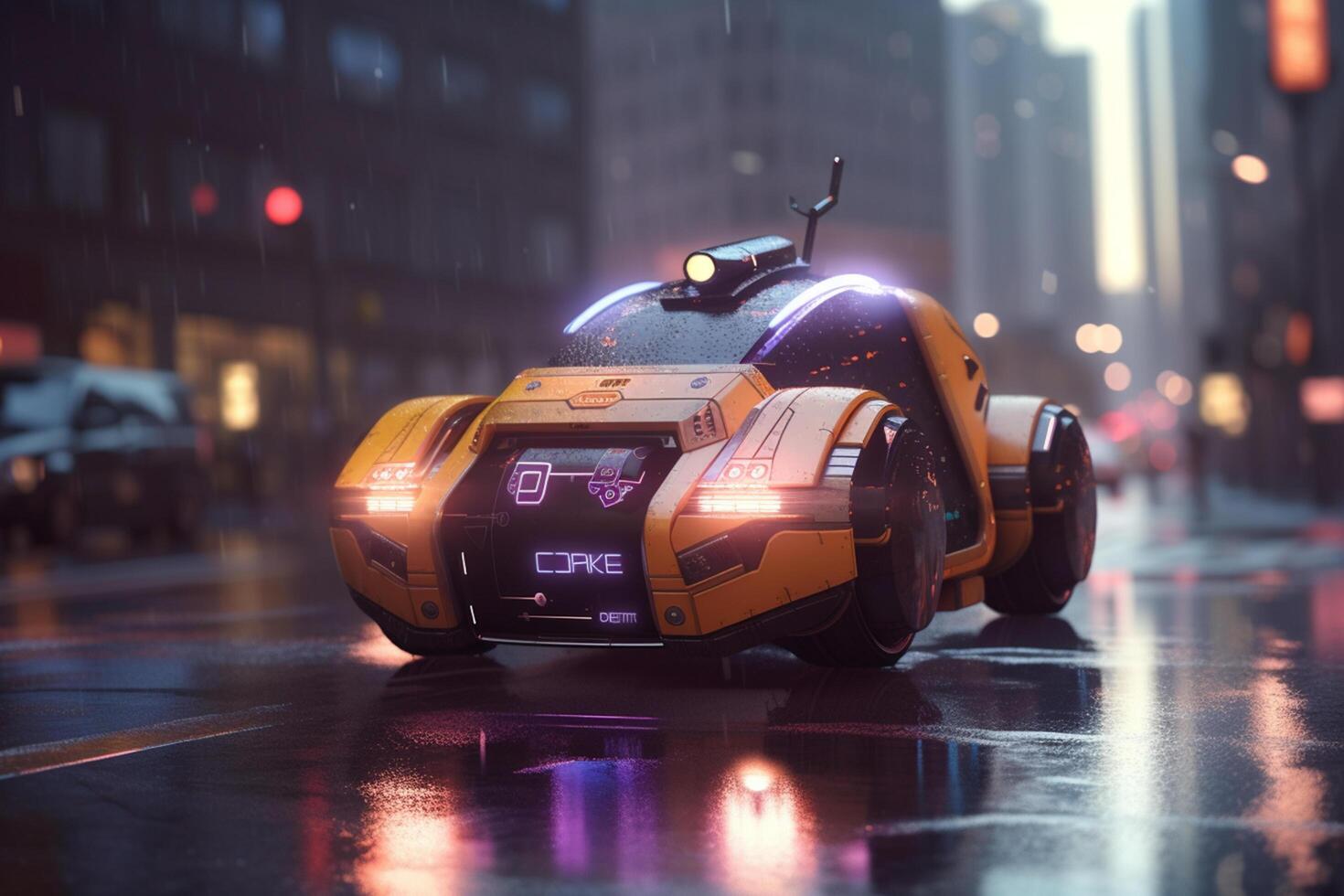 Futuristic Robot Taxi Driving Through City of Tomorrow photo