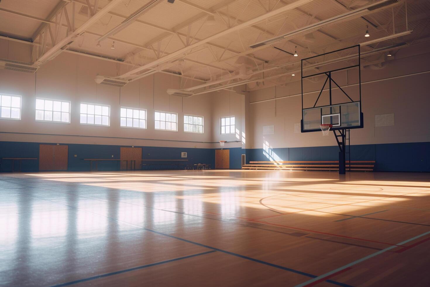 vacío, iluminado por el sol gimnasio en un alto colegio dónde recuerdos fueron hecho ai generado foto