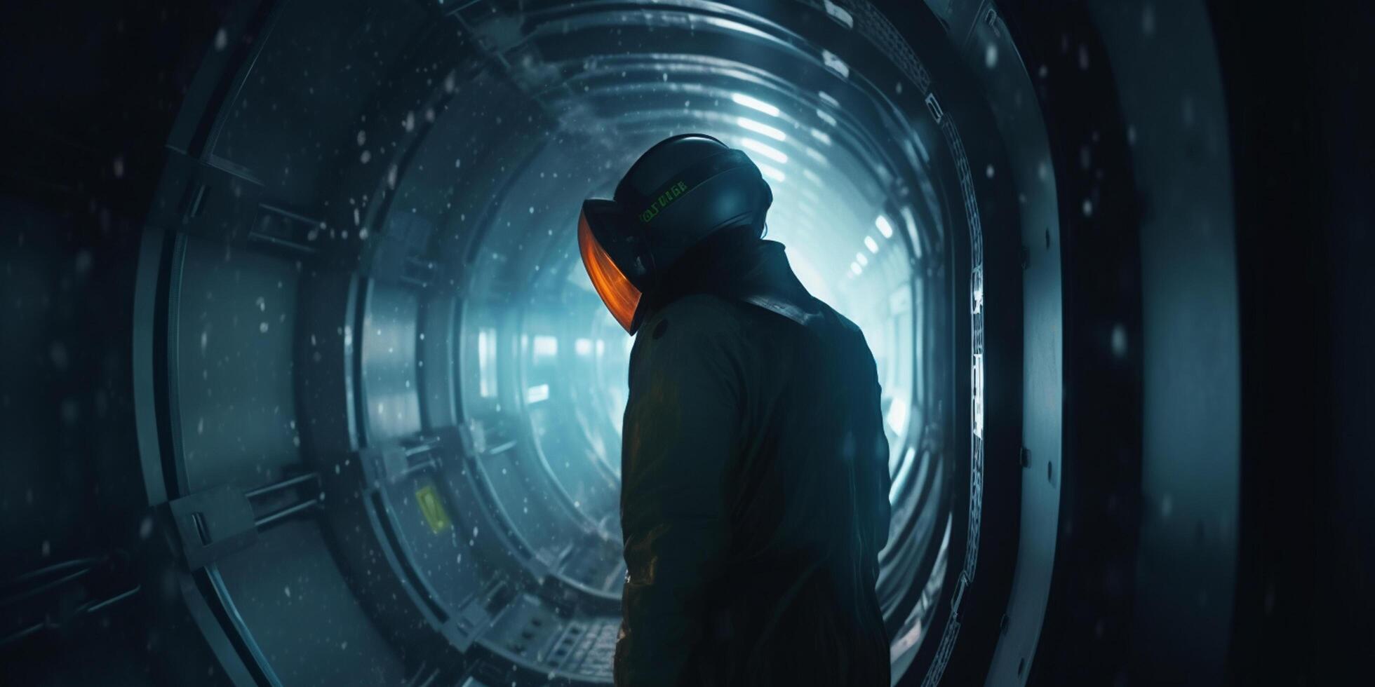 Exploring the futuristic submarine Person walking down the long blue-lit hallway towards the bright light at the end photo