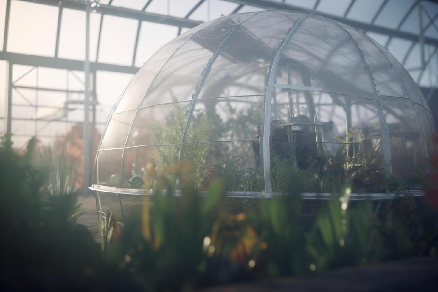 flotante verdor un autosuficiente jardín en el nave espacial ai generado foto