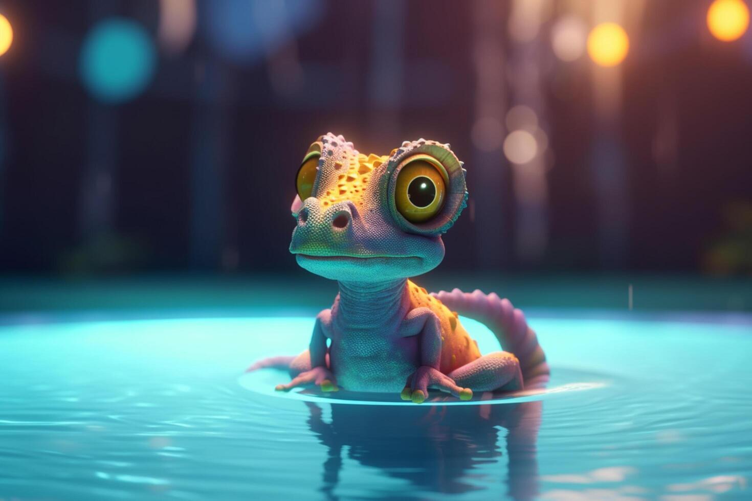 The Playful Pool Party Chameleon A Fun Photorealistic Cartoon Character Splashing Around photo