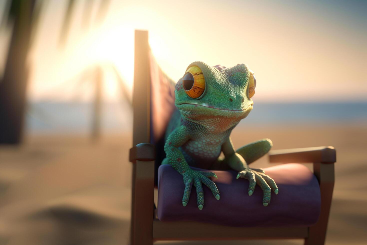 relajarse cham un fotorrealista dibujos animados camaleón relajante en un playa bar haragán ai generado foto