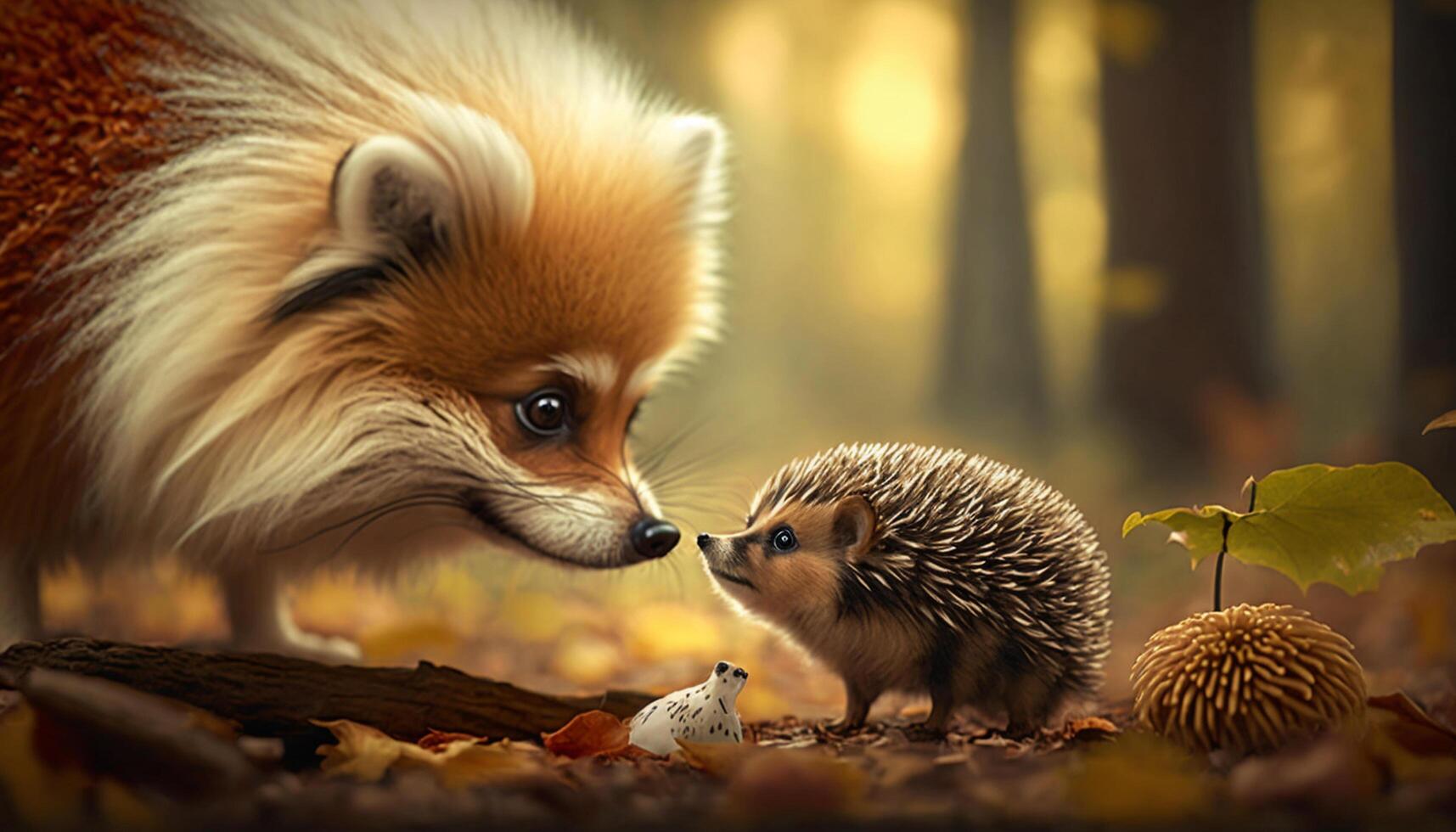 Adorable Pomeranian dog and a little hedgehog sniffing each other in autumn photo