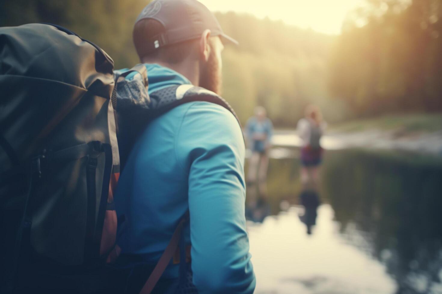 Exploring the Outdoors Group Hiking and Camping by the River with Backpacks photo