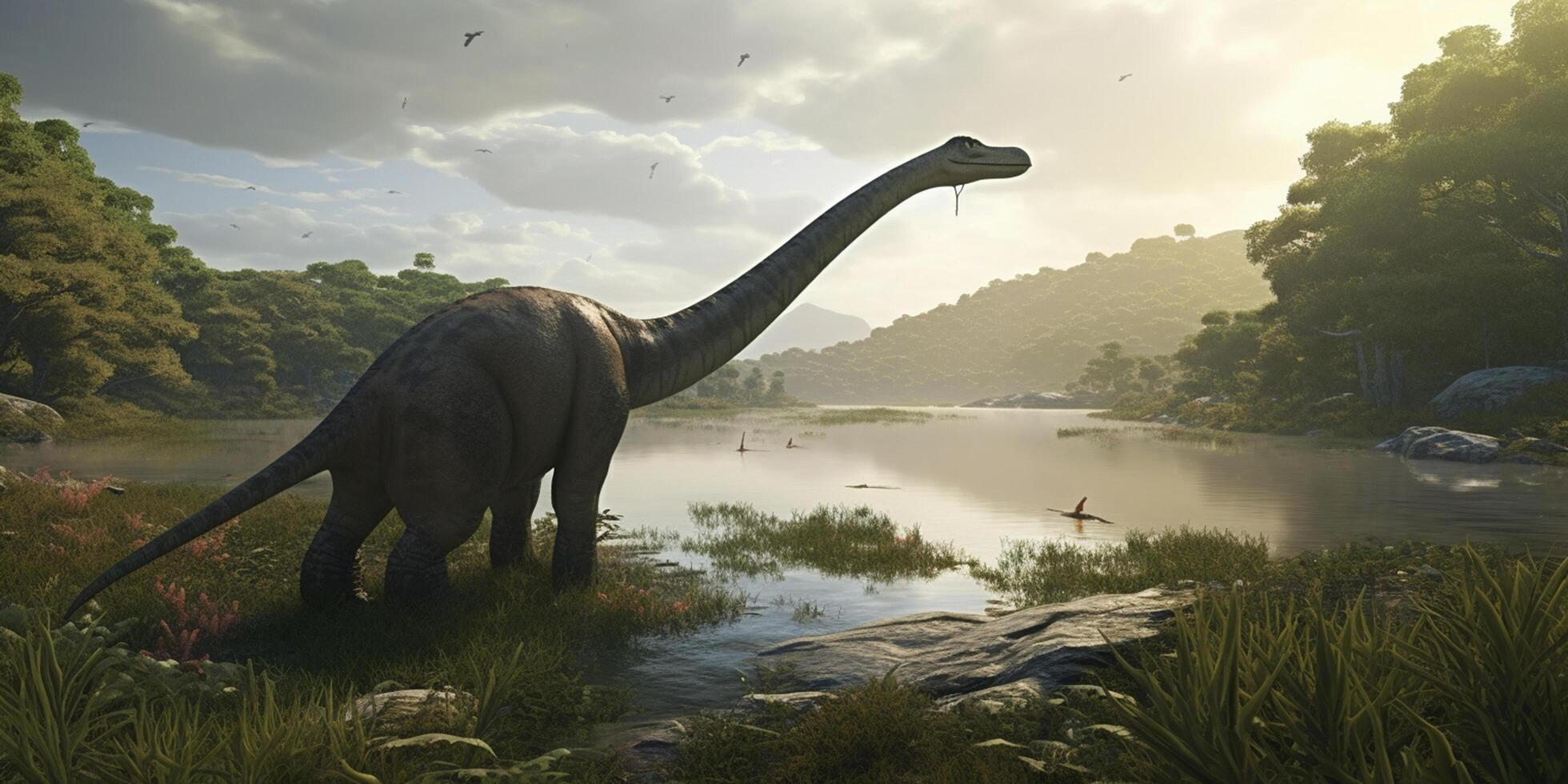 Graceful Giants Roaming the Prehistoric Realm Realistic Illustration Showcasing the Diplodocus in a Serene Prehistoric Landscape photo