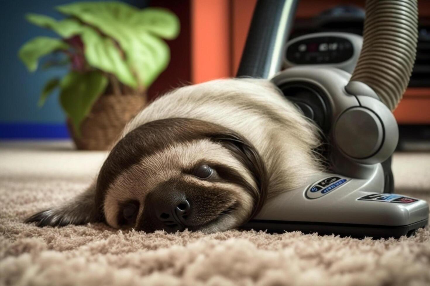 Exhausted tired sloth fell asleep while working with the vacuum cleaner photo