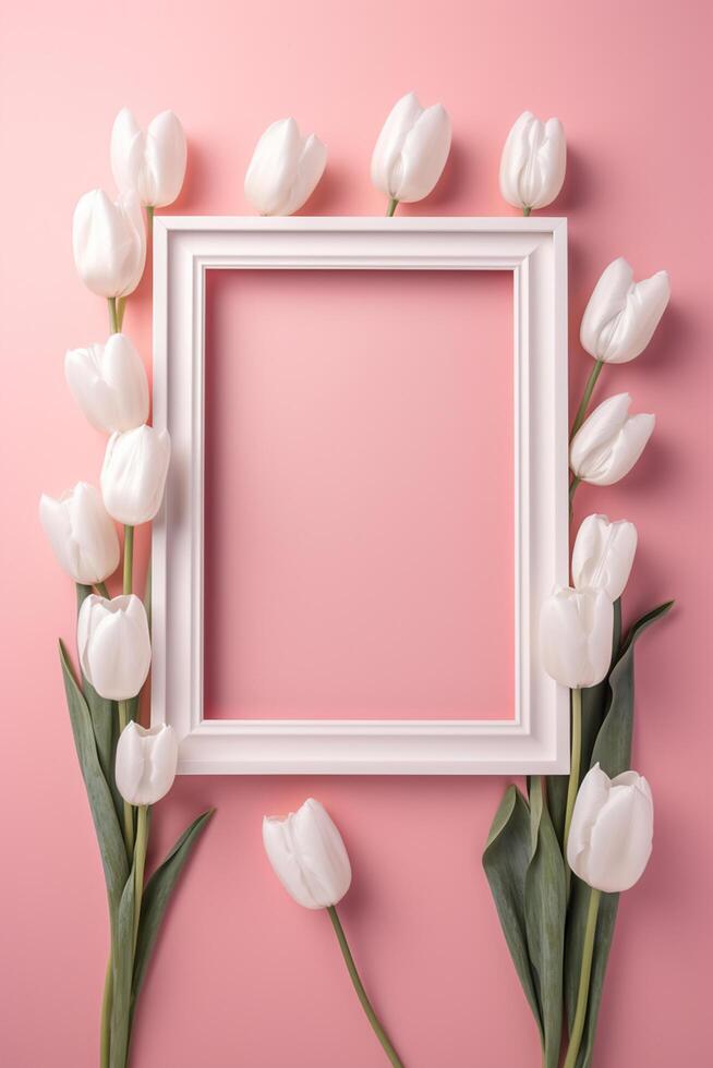 Empty white picture frame with pink tulips on a pink background photo