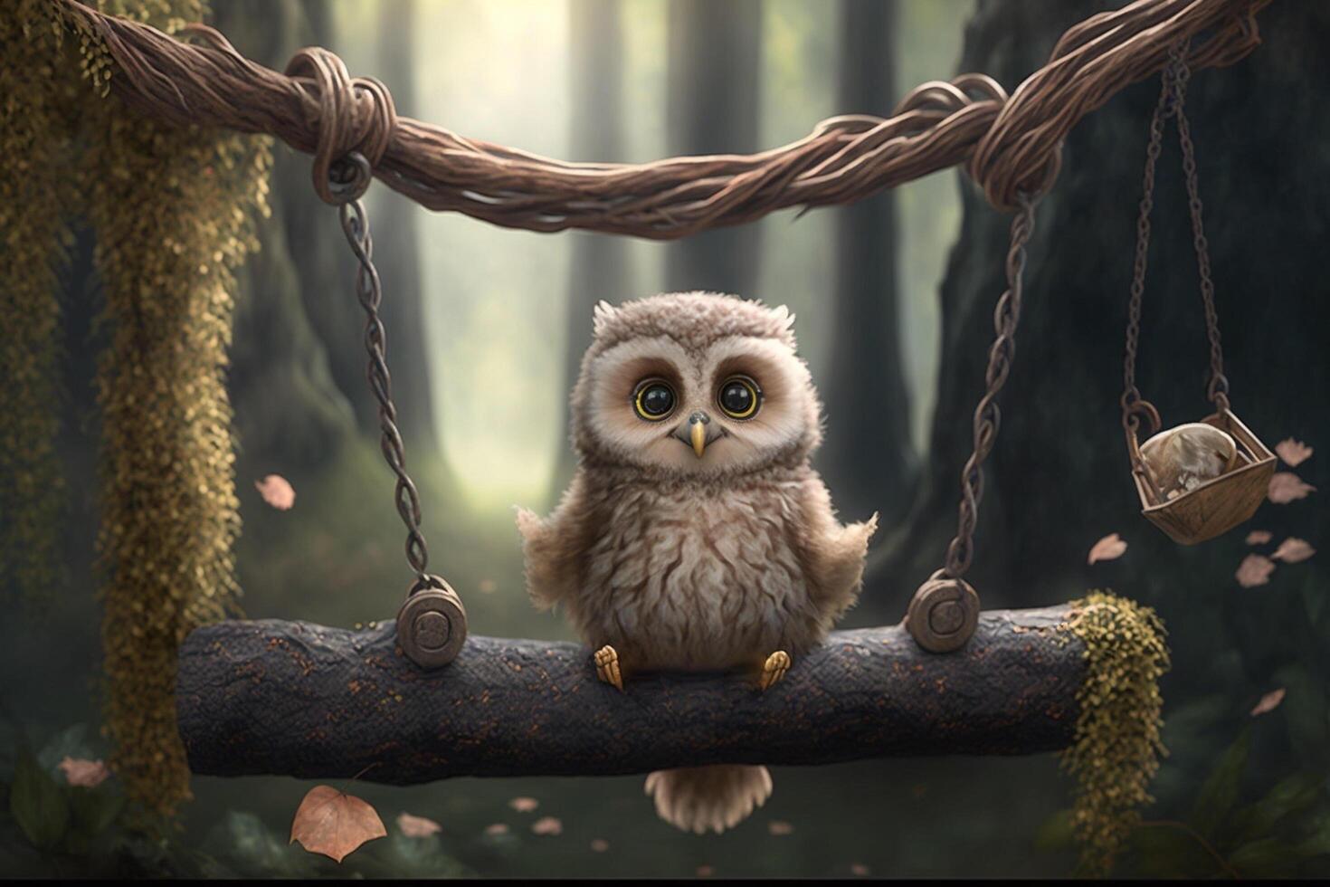 cute little baby owl is sitting on a wooden swing in the forest photo