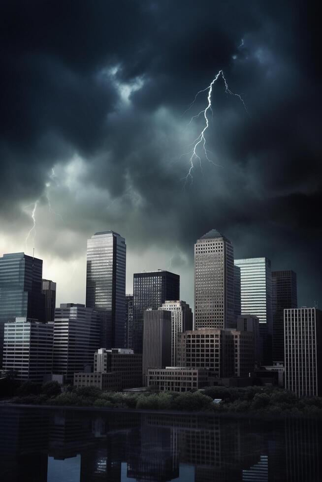 financiero tormenta ciudad horizonte durante banco correr con trueno y relámpago ai generado foto