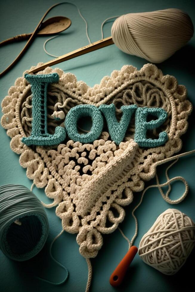 Handmade crochet heart with 'love' lettering and crochet accessories photo