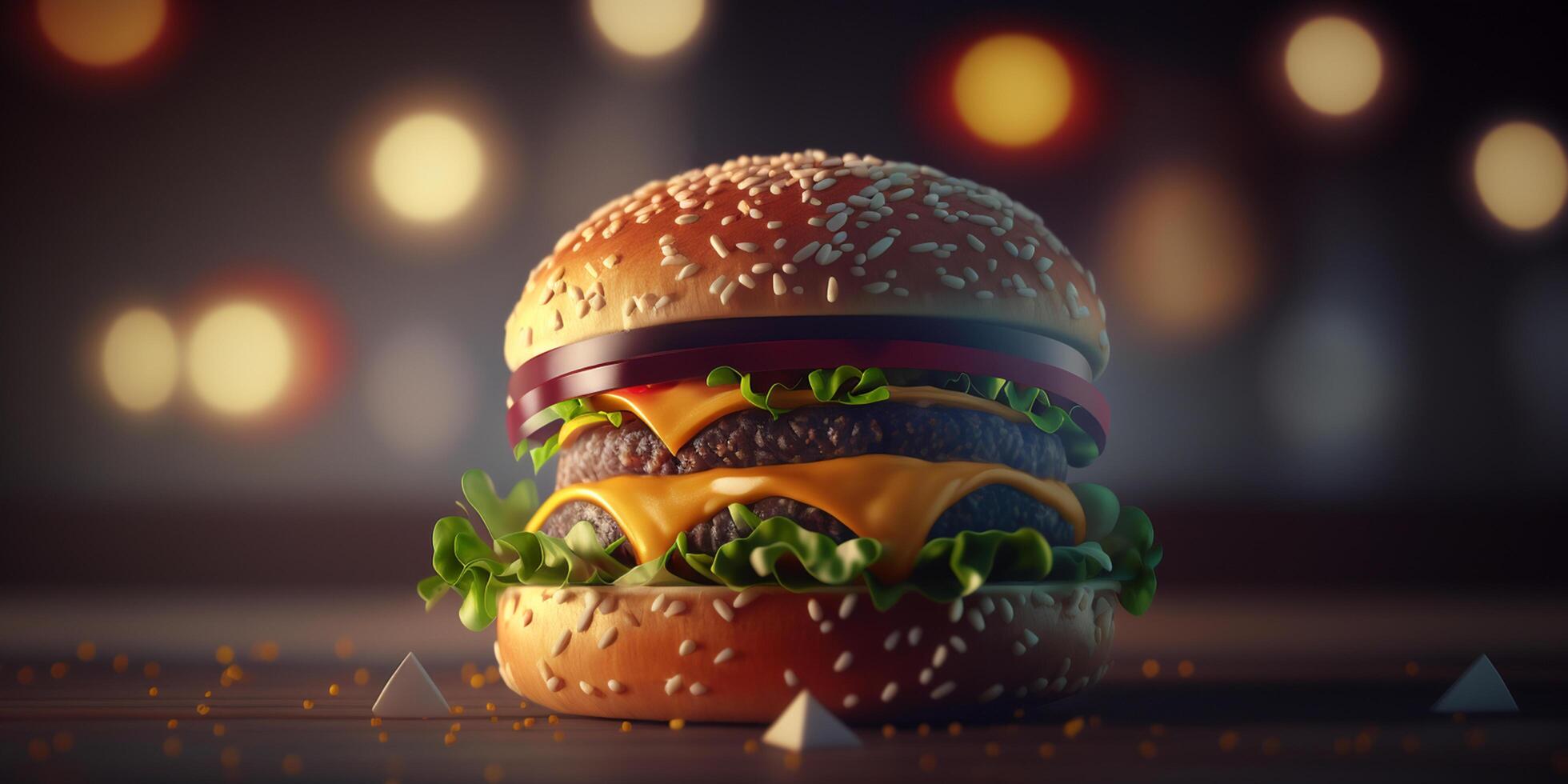 Juicy Hamburger with Bokeh Background, Delicious Fast Food Illustration photo