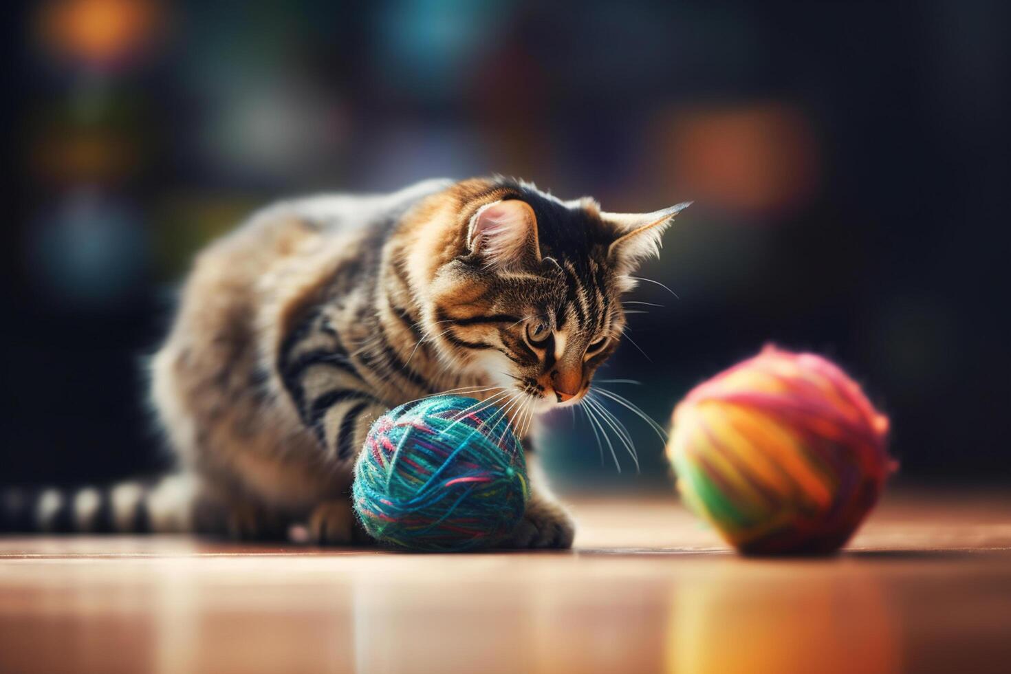 Playful Cat with Colorful Wool Balls photo