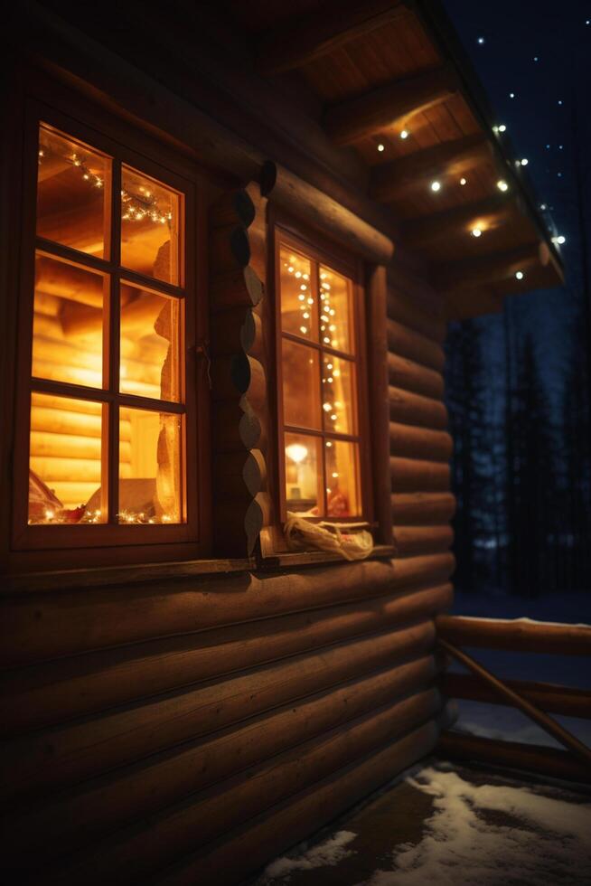 encantador Noche ver de un acogedor de madera cabina en el montañas ai generado foto