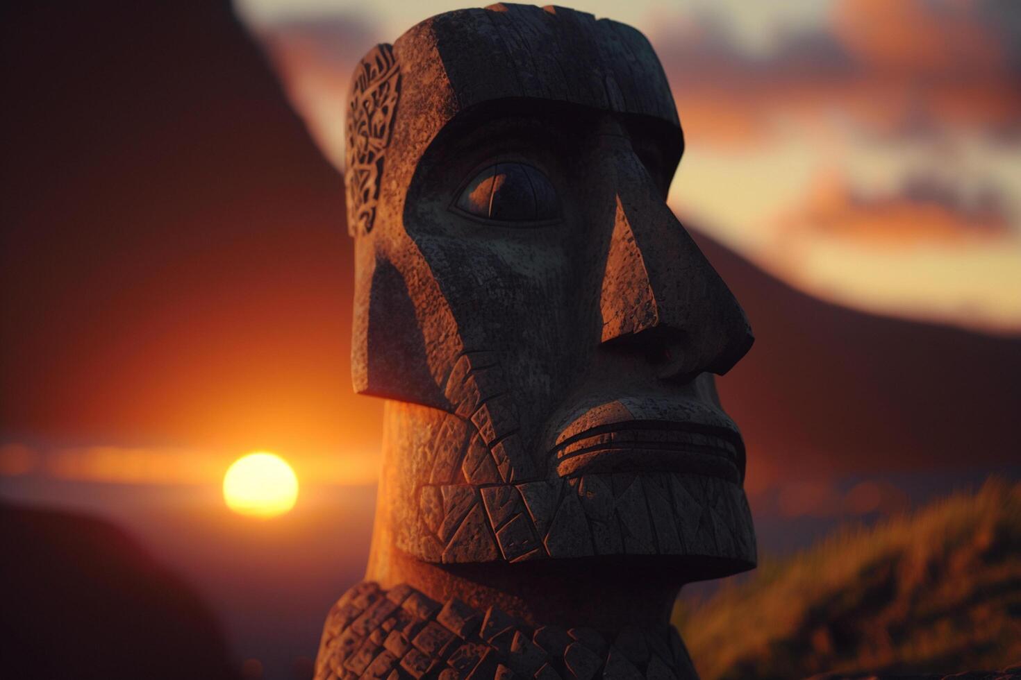 Illustration Moai Figures Easter Island Sunset AI generated 24067465