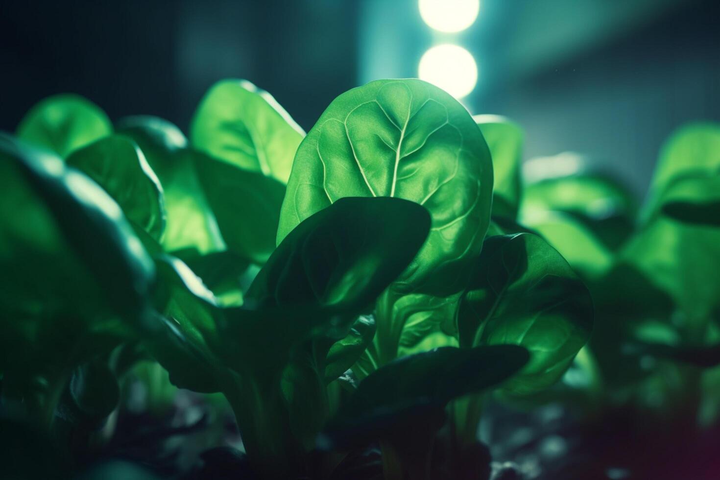 Thriving Spinach Plants Cultivated under Artificial UV Light in a Lab Setting photo