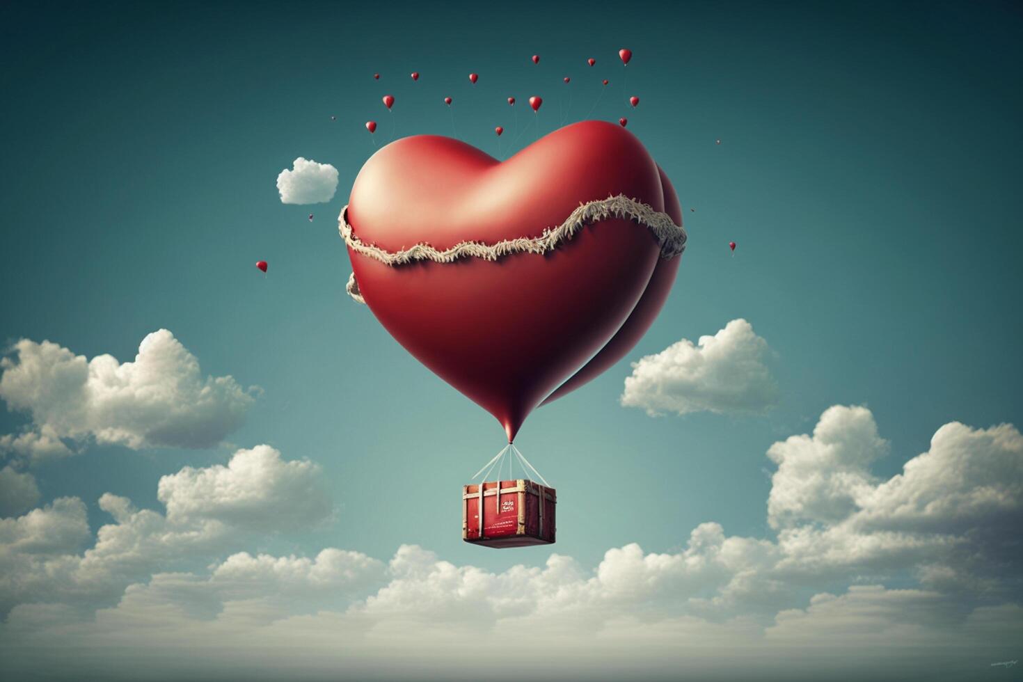 Beautiful red air balloon heart shape against blue sky. Romantic trip on Valentine's Day. Illustration photo