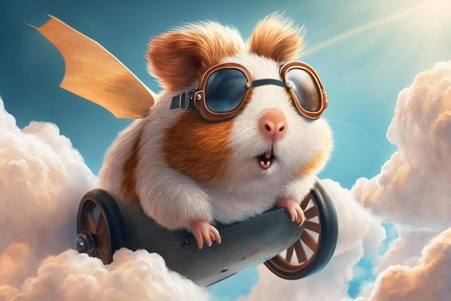 Cute funny illustration of flying guinea pig in fantasy world with clouds and blue sky AI generated photo