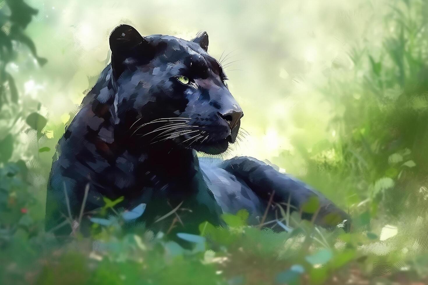 In the Jungle, the Mighty Panther Rests Amongst the Greenery An Aquarelle Painting photo